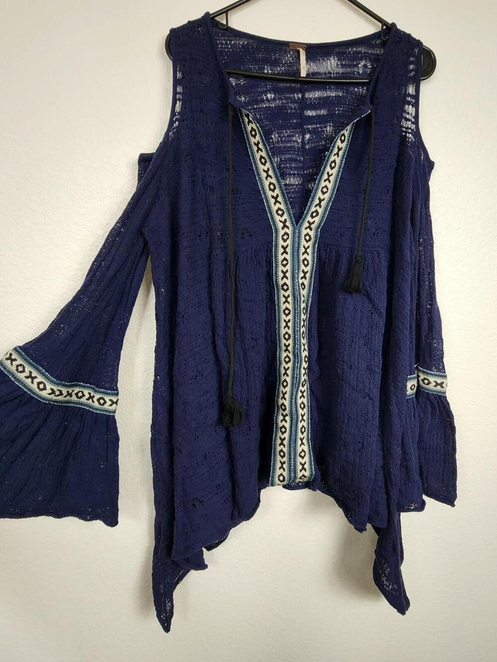 Free People Navy Blue Sheer Embroidered Belle Tunic Dress